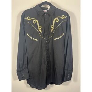 Ely Diamond Shirt Mens Large Black Pearl Snap Button Gold Stitch Smile Rodeo (M)